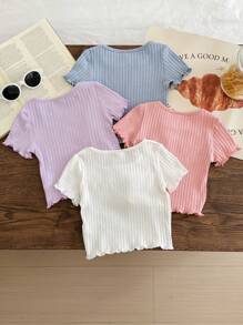 Conjunto de 4 piezas informal para bebé niña, top de manga corta con volantes de canalé de unicolor, versátil - Multicolor - Ver 2