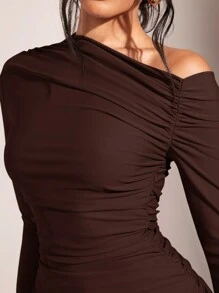 SHEIN BAE 女士斜肩长袖褶饰紧身迷你连衣裙
