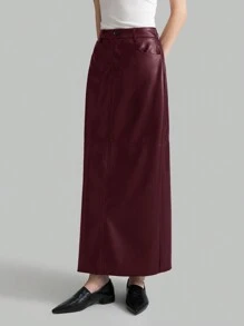 Ontre Women's 2025 New Spring Garment, Long A-Line Skirt In Burgundy PU Material, Back Slit, Suitable For Autumn, Elegant & Minimalist Daily
