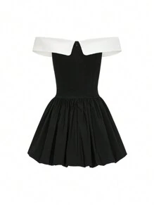Glamine Spring And Autumn Off-The-Shoulder Ruffle Hem Mini Dress, Black And White Colorblock, Sweet Princess Style, Suitable For Parties, Dates, Family Gatherings, Christmas And Valentine's Day
