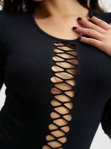 Menodora SHEIN Sport 1 件女式黑色圆领长袖镂空无缝健身性感紧身衣适合钢管舞和日常穿着 - 黑色 - 查看 5