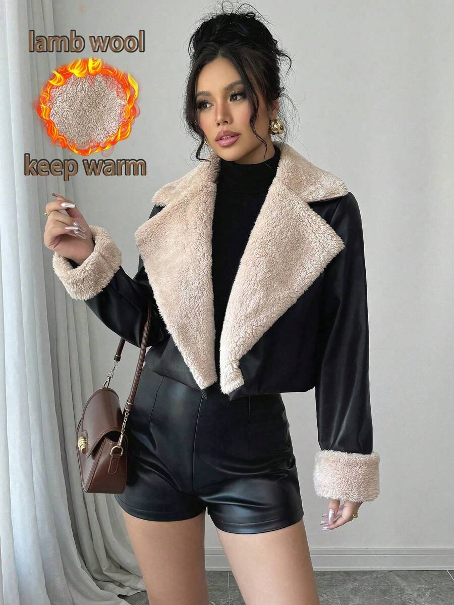 SHEIN PETITE New Winter Fluffy Collar Short Casual Jacket For Women - Black - View 1