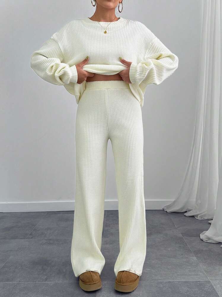 EURMUSE Comfort Line Rib Knit Two Pieces Set - White - View 1