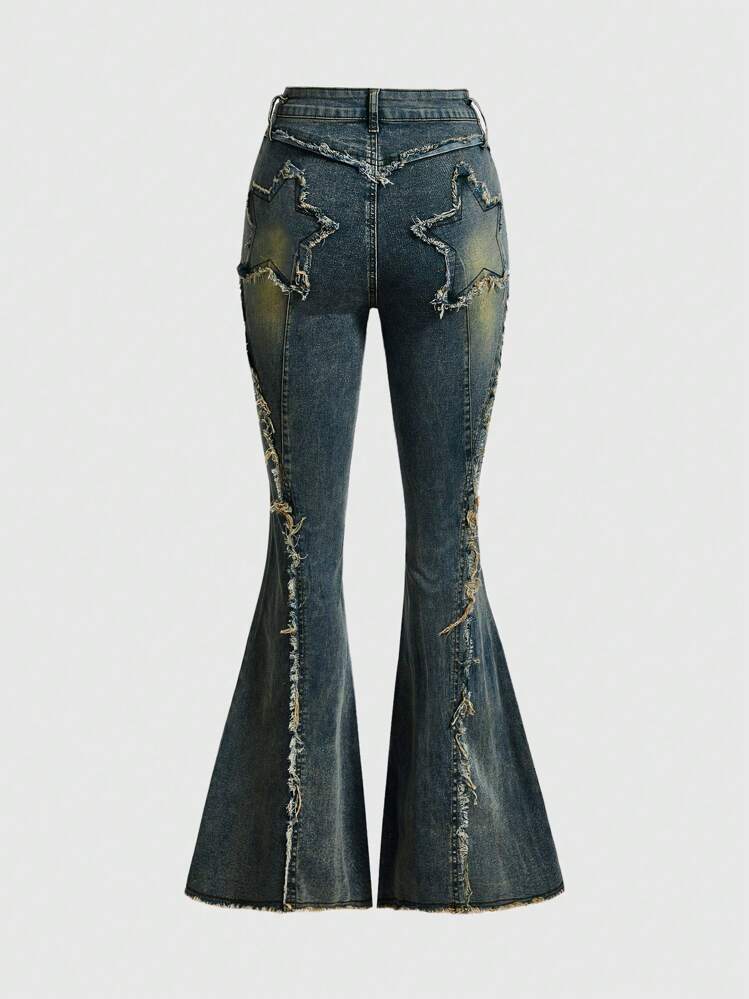 ROMWE Grunge Punk Jeans skinny a zampa con patch e decorazioni a stelle, effetto vissuto e orlo sfilacciato, stile Y2K Baddie Americana