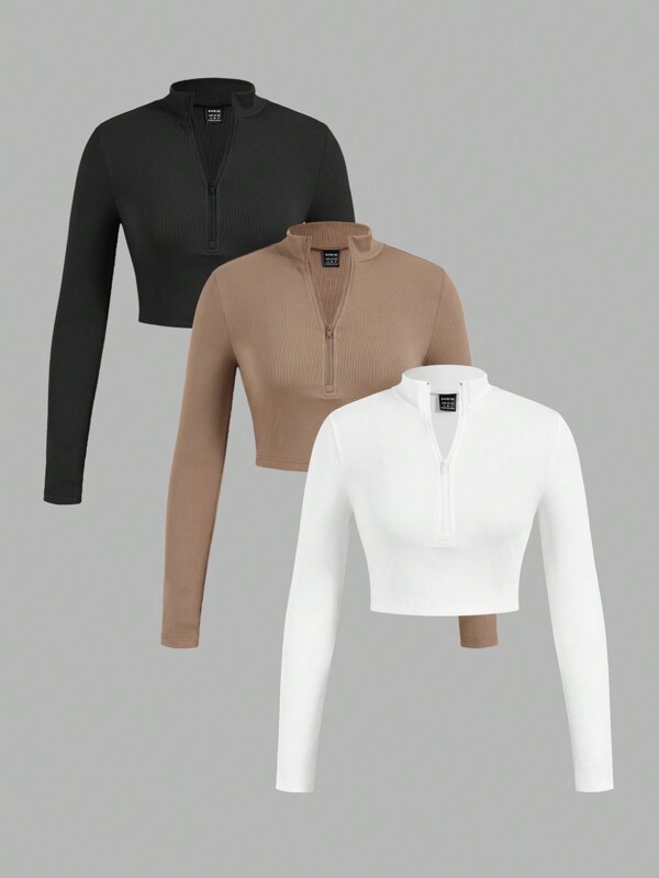 SHEIN Girlism Tween Girl Solid White Beige Black Color 3pcs/Set Casual Zippered Turtleneck Ribbed Fabric Long Sleeve T-Shirt Set, For Autumn Winter,Suitable For Casual Everyday Wear, Great For Casual & Daily Wear & School Daily