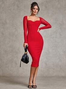SHEIN BAE Women's Elegant And Sexy Red Lace Trim Fitted Bodice Long Sleeve Net Mesh Halloween Dress, Autumn/Winter