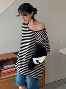 DAZY Camiseta suelta de manga larga y cuello en V a rayas simple para mujer, informal para uso diario