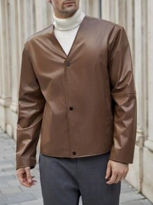 Manfinity VCAY Men's Woven Loose Open Front Jacket, Zipper Jacket Fashion Long Sleeve Lightweight Jacket, For Autumn/Winter Season Going Out, Friends, Husband, Boyfriend Gifts - Brown - View 3