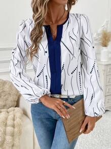 SHEIN Clasi Women's Colorblock Geometric Dot Print Slim Fit Office Shirt