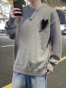 Claim Dot 男士圆领长袖心形图案休闲针织毛衣 - 灰色 - 查看 6