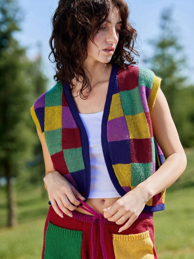 あっちゃんneighborhood Checker Down Vest Skyraze Cute Vintage Plaid Blue Women Sweater Vest, Suitable For