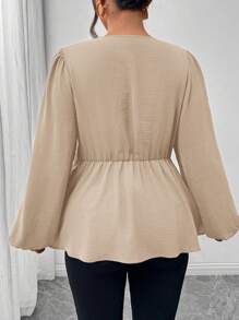 Firerie Plus Size Casual Minimalist Twist Front A-Line Long Sleeve Blouse, Green, Spring Fall - Apricot - View 3