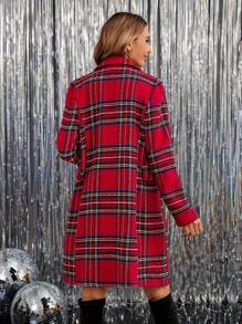 SHEIN LUNE New Year Holiday Women Outfits Red Plaid Jacket Christmas Red Plaid Women Jacket For Party, Winter - Red - View 4