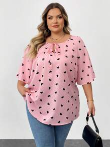 SHEIN CURVE+ Plus Size Valentine's Day Heart Print Long Sleeve Shirt, Suitable For Spring And Winter, For Summer