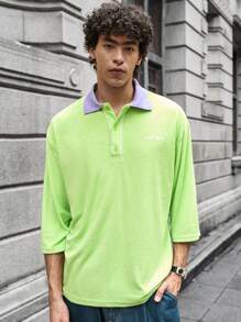 Manfinity VCAY Men's Knitted Terrycloth Textured Fabric Polo Shirt,Lime Green Summer Streetwear City Break,Loose Collar Clashing Colors Exquisite Monogram,Daily Wear - Green - View 2