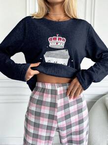 RueChic Cotton Cartoon Printed Long Sleeve Pajama Set - Navy Blue - View 5