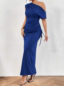 RosyDaze Đầm Maxi Cổ Bất Đối Xứng Xếp Ly Bên Hông Trang Phục Cho Nữ - Xanh đậm - Xem 5
