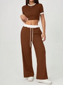 SHEIN PETITE 女士夏季性感撞色圆领短袖T恤+高腰系带长裤两件套