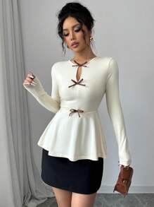 Elenzga 女士时尚优雅休闲 T 恤，长袖拼色，圆领前开衩带孔眼，A 字形，3 个蝴蝶结领，蝴蝶结拼色，针织面料，杏色蝴蝶结，适合春季 - 杏色 - 查看 5