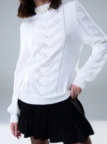 SHEIN Unity 冬季休闲镂空针织高领长袖套头衫 冬季针织套头衫 秋季毛衣 - 白色 - 查看 5