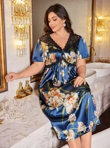 Plus Size Maxi Lace Patchwork Faux Silk Floral Print Dress - Multicolor - View 5