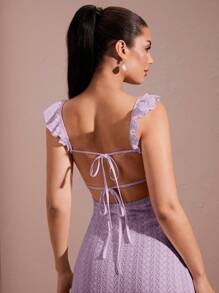 SHEIN BAE Zomerse witte sexy holle haak textuur ruches kapmouw rugloze strikband maxi bodycon fishtail jurk, elegante
