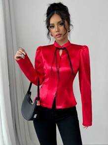 SHEIN Unity Blus Wanita Elegan dengan Kerah Tegak dan Kontras Warna, Potongan Pas Badan, Cocok untuk Pakaian Tahun Baru dan Musim Gugur. - Merah - View 1