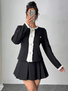 SHEIN Unity 女士黑白荷叶边优雅秋冬外套 - 黑色 - 查看 6