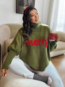 Calvaya Plus Size High Neck Long Sleeve Letter Pattern Minimalist Casual Pullover Sweater Knit Pullover Fall Winter - Multicolor - View 5