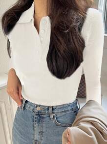 DAZY Pull col polo à demi-zip, manches courtes pour femmes, automne - Blanc - Voir 5