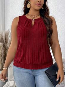 SHEIN LUNE Plus Size Ribbed Gold Buckle Teardrop Tank Top - Burgundy - View 3