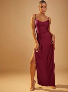 Hauture Winter Women Clothes, Elegant Burgundy Strappy Double High Slit Open Back Maxi Dress, Elegant Women Dresses, Christmas Women Dress, Prom Dress, Red Dress. For Date Night, Concerts, Performances, Wedding, Parties, Clubs, Evening, Formal Dress