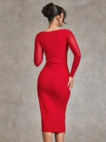 SHEIN BAE Women's Elegant And Sexy Red Lace Trim Fitted Bodice Long Sleeve Net Mesh Halloween Dress, Autumn/Winter