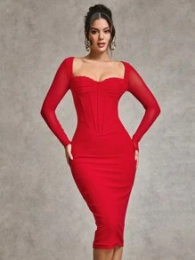 SHEIN BAE Women's Elegant And Sexy Red Lace Trim Fitted Bodice Long Sleeve Net Mesh Halloween Dress, Autumn/Winter