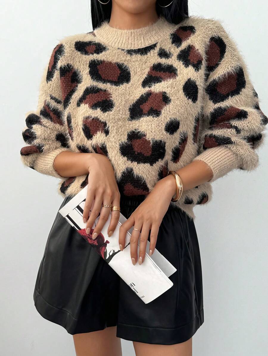 Chiquease 女士豹纹圆领长袖休闲蓬松毛衣 - 彩色 - 查看 1