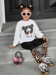 SHEIN Bộ 2 chiếc áo len cổ tròn in họa tiết da báo dễ thương cho bé gái và quần len chắp vá - trắng - Xem 3