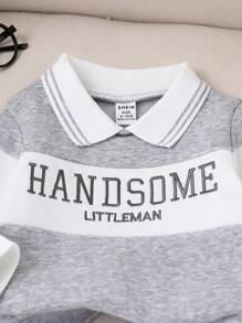 SHEIN Playful Pals 2 件套男婴休闲撞色字母刺绣 Polo 领运动衫和运动裤，可爱时尚的学院风婴幼儿服装，适合拍照、派对等秋冬季场合 - 灰色 - 查看 7