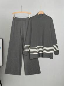 Linhara Conjunto de suéter y pantalones informal de tallas grandes con bloques de color y rayas, para otoño/invierno