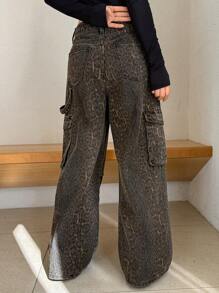 DAZY 女式豹纹大口袋工装牛仔裤，宽松牛仔裤 - 棕色 - 查看 6