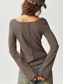 Bohemela Maglia a maniche lunghe da donna slim fit, collo quadrato, con maniche a sbuffo, in maglia tinta unita, adatta per il tempo libero - Caffè Marrone - Visualizzare 8