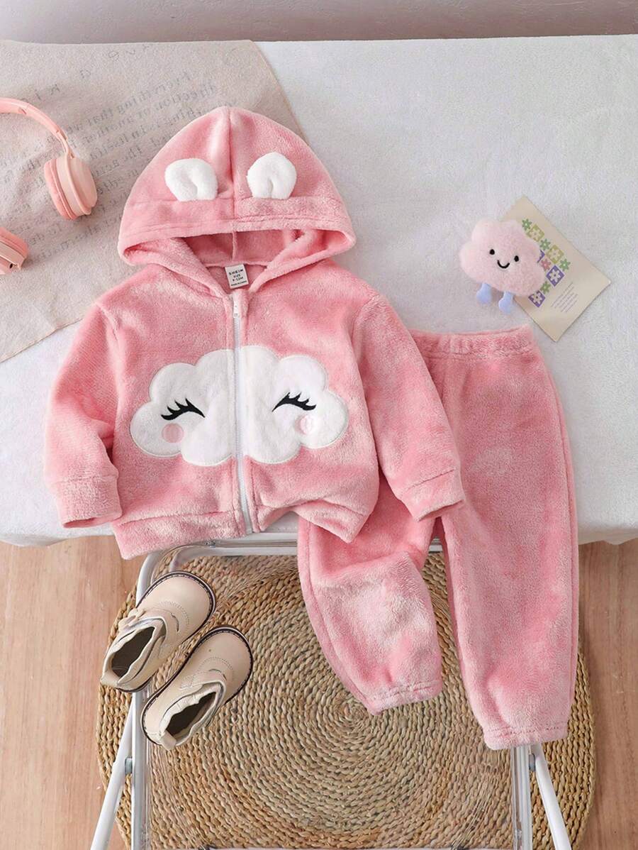 SHEIN Bộ quần cạp chun và áo len cardigan hình đám mây màu hồng đáng yêu cho bé gái, mùa thu/đông - Hồng - Xem 1