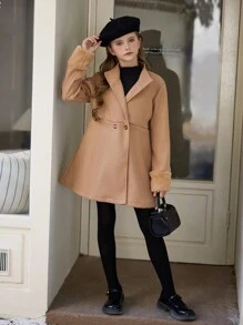 SHEIN Tween Girl Elegant And Wool Coat With Collar And Fur Cuffs, Suitable For Various Outdoor Events, Spring/Autumn/Winter - Mocha Brown - View 7