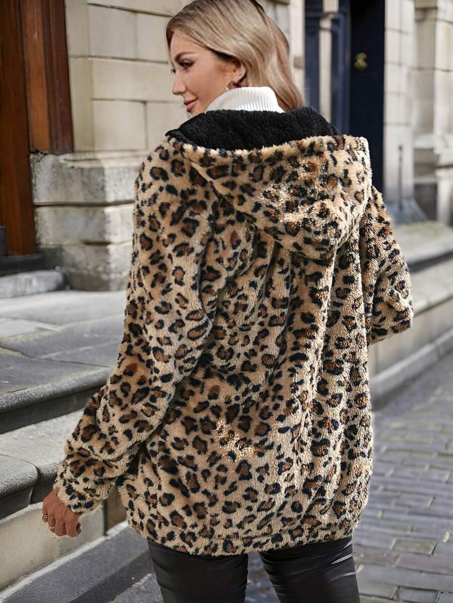 EMERY ROSE Women's Leopard Print Long Sleeve Hooded Jacket,Ladies Late Fall Casual Pocket,Zipper Regular Sleeve Hooded Loose Khaki Leopard Print Women Jackets,Casual Daily Wear - Khaki - View 1