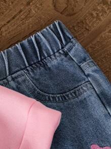 SHEIN Vintaside Kids Baby Girls' White Round Neck Sweatshirt With Pink Bow Print, And Pink Bow Embroidered Denim Pants, Sweet And Lovely Casual Outfit, Autumn/Winter