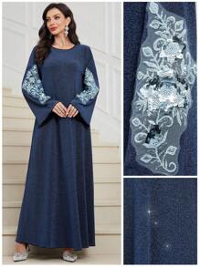 Al Najma 喇叭袖串珠刺绣闪亮弹力针织阿拉伯连衣裙，秋冬款，优雅朴素长袖超长 Jalabiya 阿拉伯连衣裙，适合晚会/婚礼嘉宾/周年纪念 - 藍色 - 查看 1