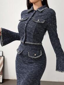 Modelyn 女式两件套纽扣前喇叭袖夹克和裙子套装 - 霧霾藍 - 查看 5