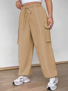 Flirla Plus Size Elastic Waist With Drawstring Utility Pocket Trim Drawstring Ankle Pants Fall Cloth For Women - Khaki - View 4