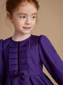 PrepCrw Young Girls' Autumn/Winter Academia Style Navy Blue Bowknot Woven Cinched Waist A-Line Ruffle Hem Round Neck Dress