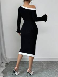 SHEIN Unity Vestido ajustado con bloque de color asimétrico, lazo delantero y volantes en el bajo - Negro - Ver 2
