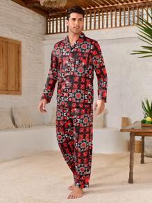 Bộ đồ ngủ nam tay dài in hoa, áo một hàng khuy và quần dài - Màu Đỏ Sâu - Xem 6